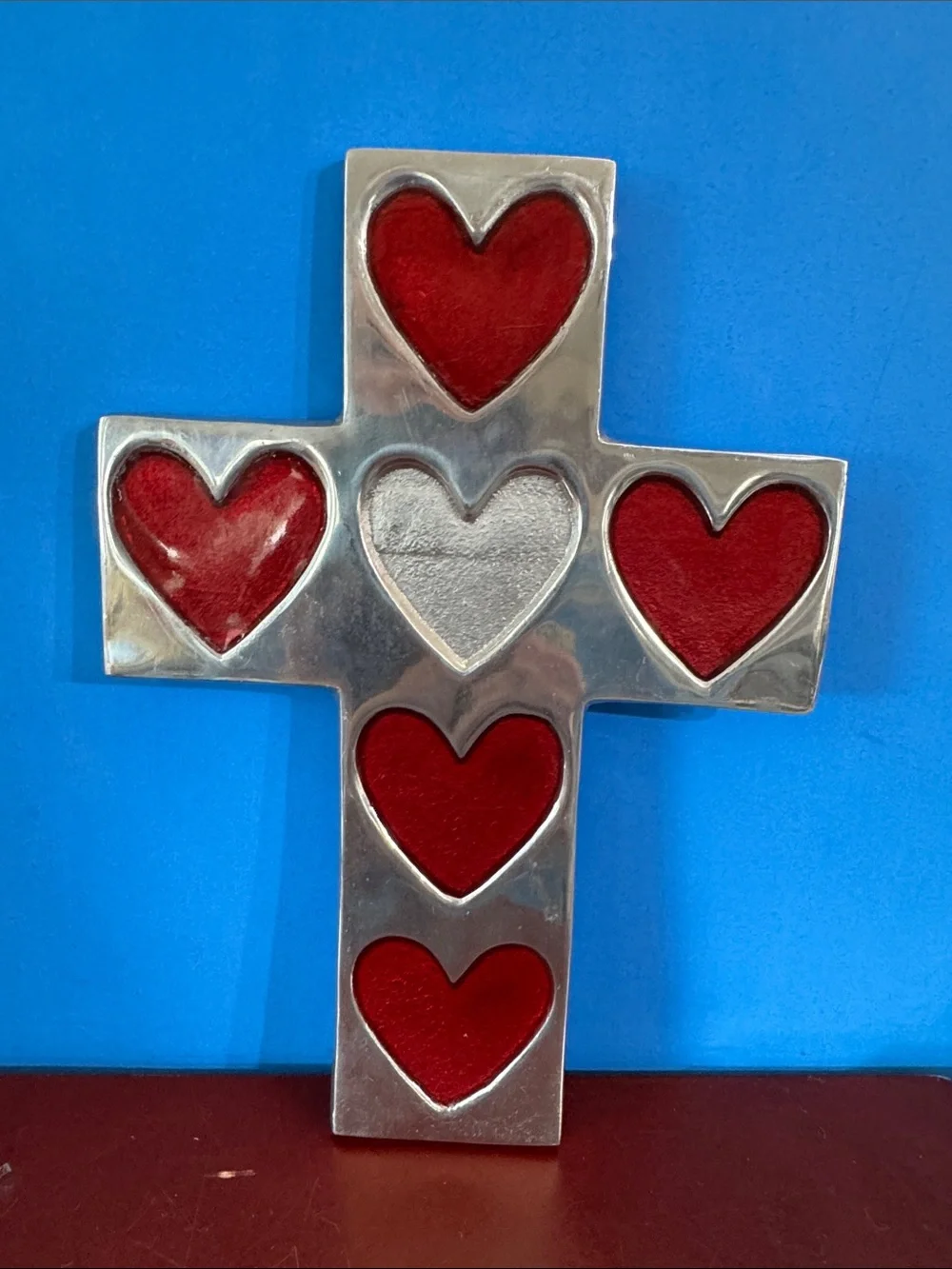 Vintage Cross Signed A La Carte Silver Tone Metal Pewter Mexican Folk Art #69
